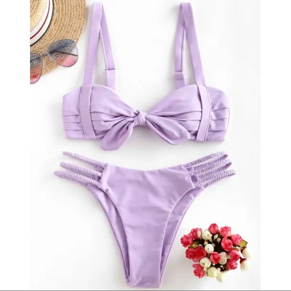 Lavender Pleated Braided Tie Cheeky Bikini Set - Picture 2 of 8